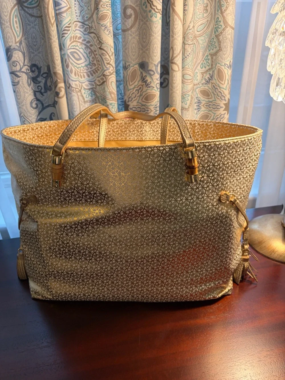 Lilly Pulitzer Gold Tote with Pink and Navy Center Stripe - Picture 5 of 6